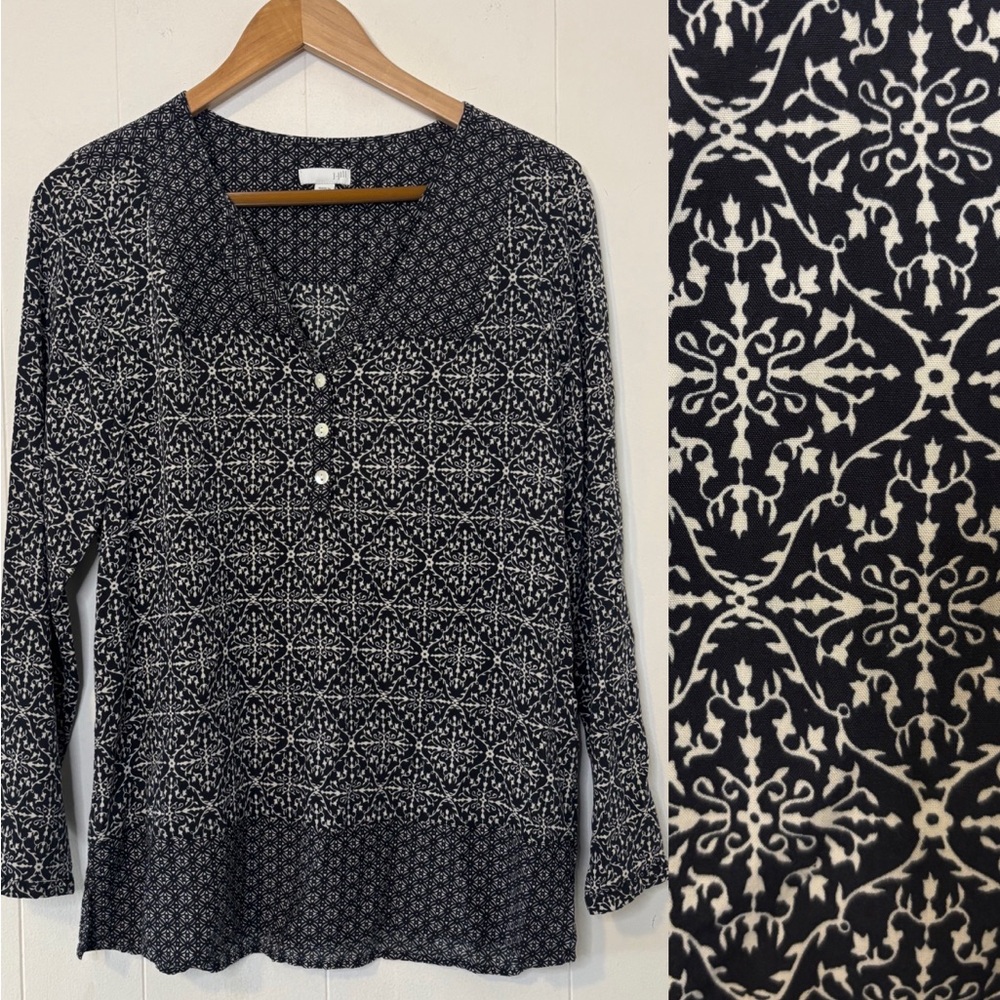 J Jill Black/White Long Sleeve Blouse Damask Size XS